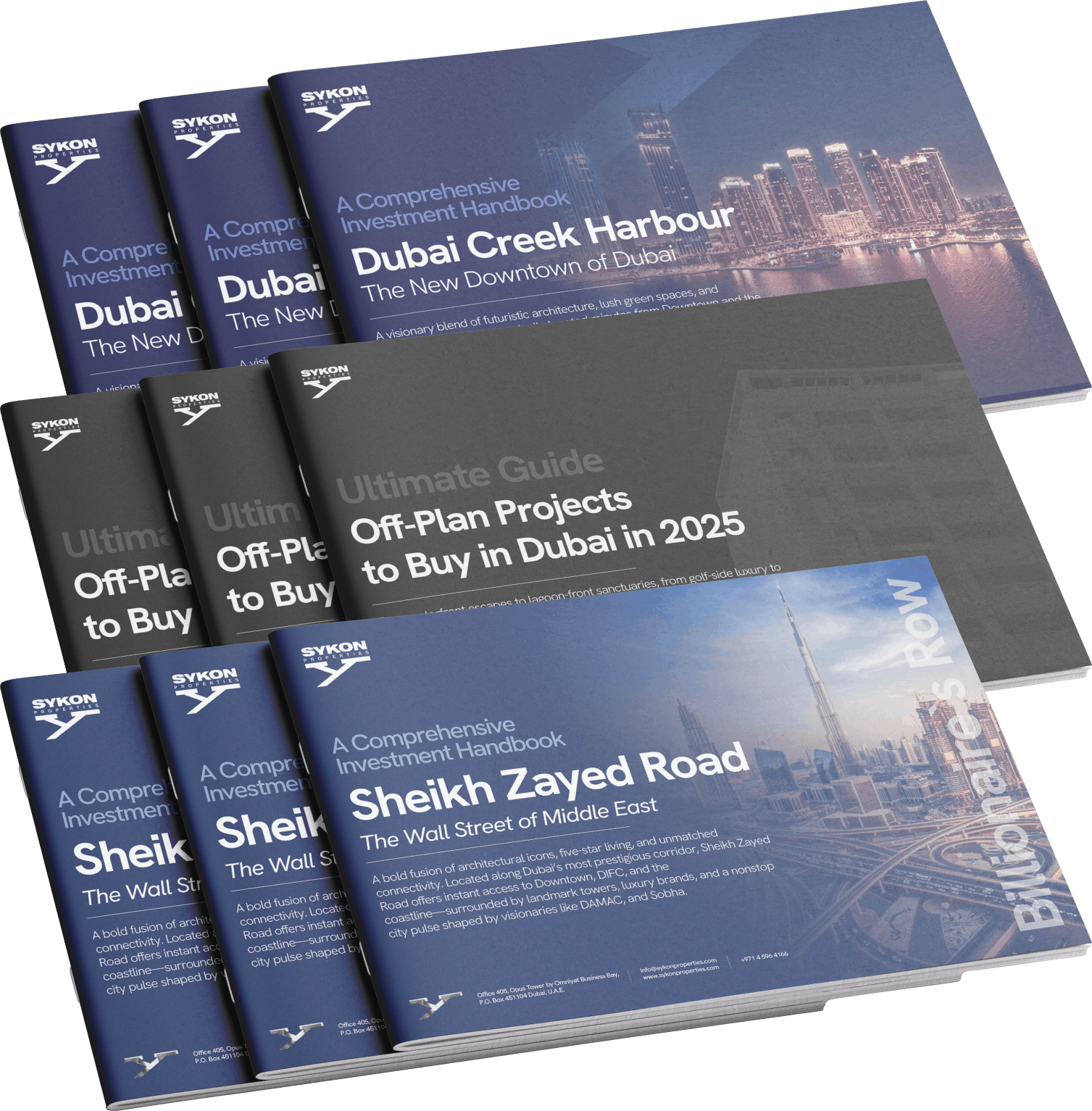 Collection of Sykon Properties real estate investment brochures featuring Dubai Creek Harbour, Sheikh Zayed Road, and top off-plan projects in Dubai for 2025.
