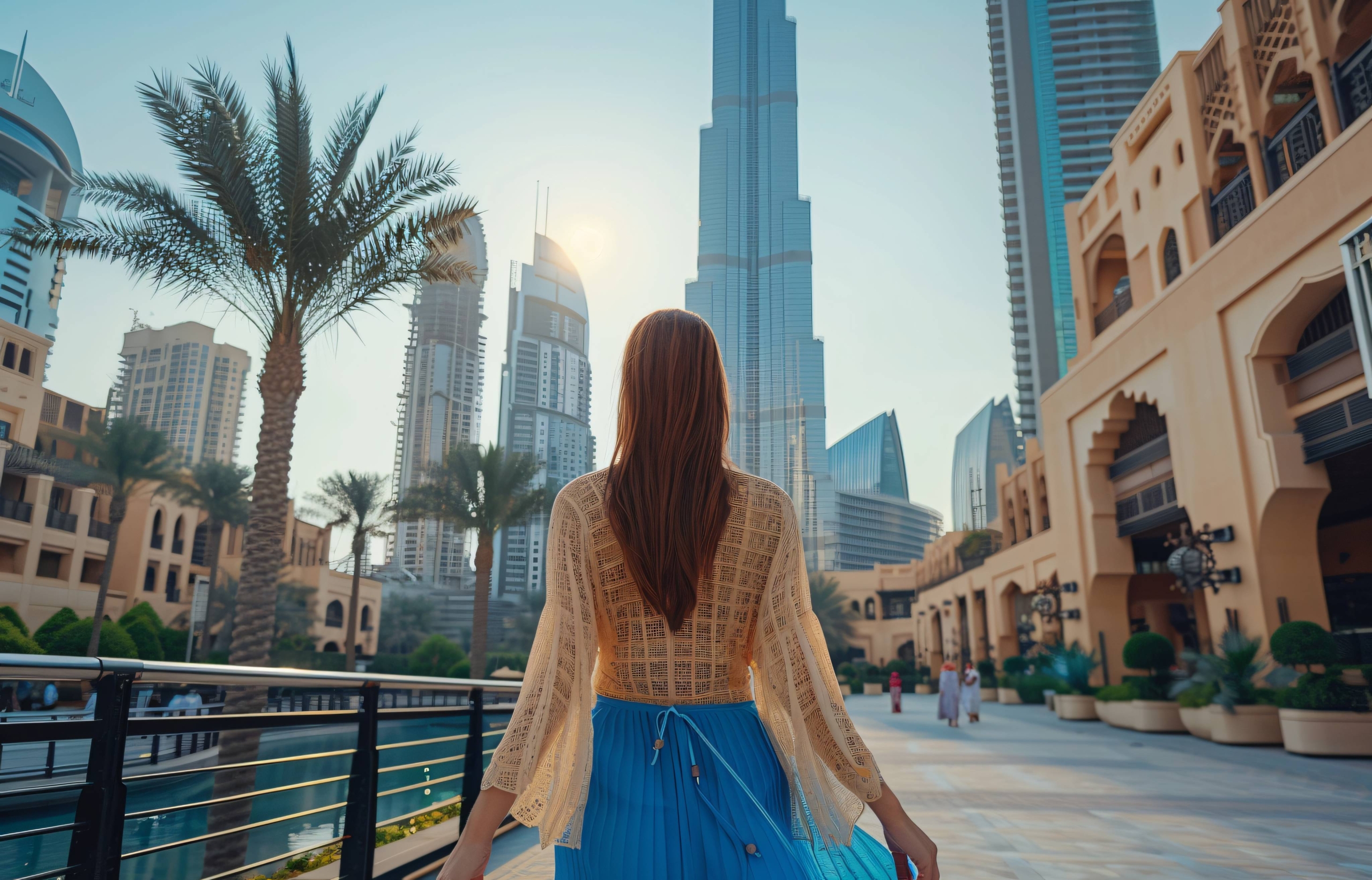 Luxury real estate in Downtown Dubai — woman walking towards Burj Khalifa, showcasing premium properties, modern skyscrapers, and upscale lifestyle.